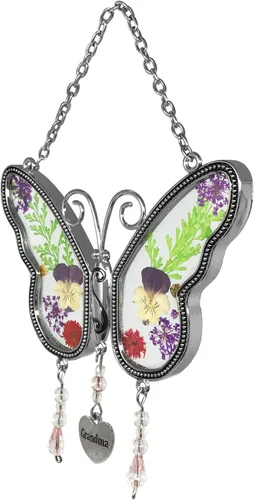 Vista 6 de Mariposa de la abuela que atrapa el sol con alas de flores a presión incrustadas en vidrio con borde de metal. Encanto del corazón de la abuela.