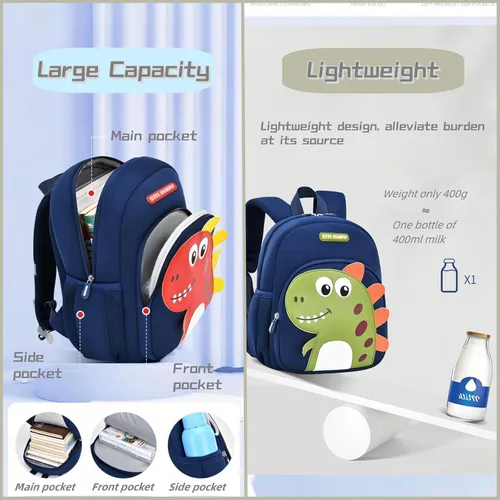 Vista 4 de Bansusu Mochila infantil antipérdida de dinosaurio para niños preescolares con correa de seguridad, mochila pequeña ligera para niños, bolsa
