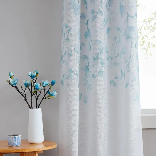 Vista 14 de Central Park Panel de Cortina de Ventana de Lino Transparente Metálico con Estampado Floral de Hojas para Sala de Estar Rústica/Dormitorio Paneles