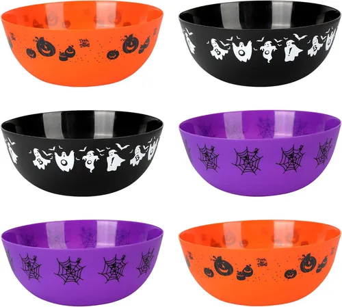 Vista 13 de 6 cuencos de Halloween para dulces grandes, cuencos de plástico para dulce o truco, cuenco de plástico reutilizable para suministros de fiesta