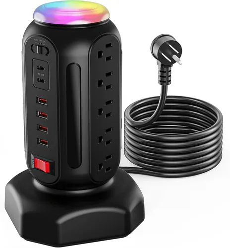 Vista 8 de Torre de tira de alimentación con luz nocturna colorida, 15 tomas de CA y 6 puertos USB de carga rápida, cable de extensión retráctil con múltiples