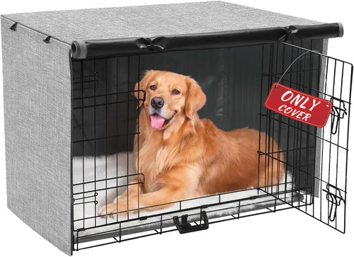 Vista 7 de Funda para jaula de perro, funda impermeable de doble puerta, funda protectora de poliéster 600D duradera para jaula de perro de 24/30/36/42/48 Beige