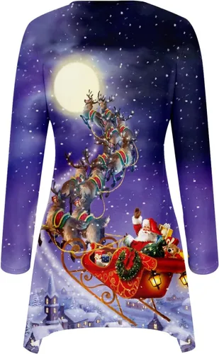 Vista 5 de Camisetas de manga larga para mujer, con estampado de Papá Noel, árbol de Navidad, Papá Noel, cuello redondo, túnica