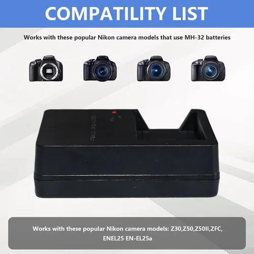 Vista 2 de Cargador de batería para cámara MH-32 MH32 compatible con Nikon EL25 ENEL25 EN-EL25a Batería compatible con Nikon Z50 Z 50 Z30 Z 30 Zfc Z fc Z50II