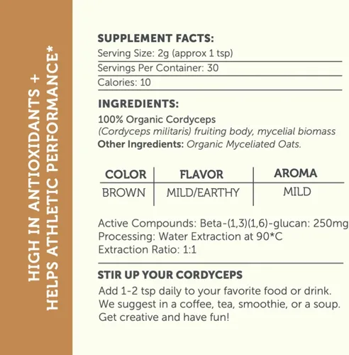 Vista 3 de Cordyceps en polvo, suplemento de hongos, apoyo inmunológico, beta-glucanos, resistencia energética, salud digestiva, bolsa de 2.12 onzas, 30