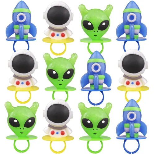 Vista 7 de Favoritos de fiesta del espacio exterior, anillos de piruletas galácticos envueltos individualmente, en forma de cohete, astronauta