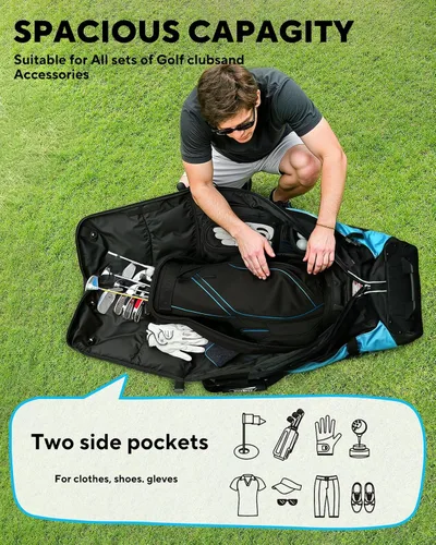 Vista 7 de M KARMATER Bolsa de viaje de golf para aerolíneas con ruedas, funda rígida plegable con parte superior de ABS y Oxford resistente 1680D, protección