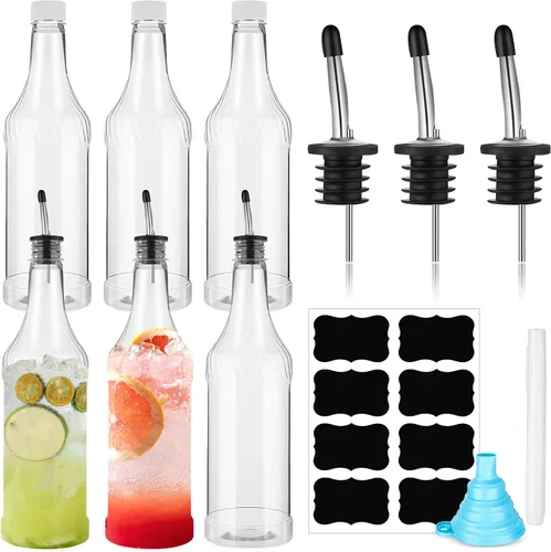 Vista 8 de Dandat 24 botellas de plástico de cuello largo de 32 onzas con vertedor y tapas, botellas de plástico para verter jugo con vertedores de acero
