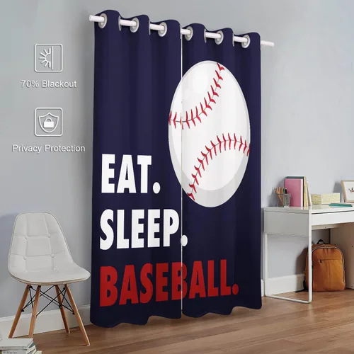 Vista 2 de Cortinas opacas de 42 x 63 pulgadas, cortinas opacas con ojales superiores para oscurecer ventanas (2 paneles) para sala de deportes de béisbol