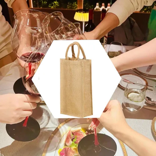 Vista 2 de Bolsa de vino de yute doble Dou con asas de algodón suave para 2 botellas Bolso reutilizable de yute natural para bodas, fiestas, regalos