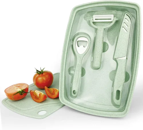 Vista 9 de CARTINTS Tabla de cortar de plástico 5 en 1 para cocina, juego de tablas de cortar con abridor de botellas, pelador, cuchillo de cocina, bandeja