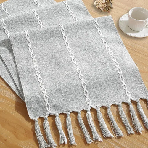 Vista 9 de Camino de mesa rústico bohemio, caminos de mesa de granja de 36 pulgadas de largo para cocina y comedor, 13 x 36 pulgadas, líneas verdes salvia