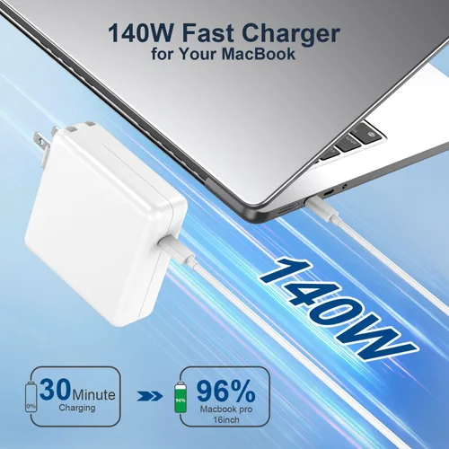 Vista 2 de Cargador de 140 W para MacBook Pro 14 16 pulgadas MacBook Air 13 de 15 pulgadas 2026-2021 M5 M4 M3 M2 M1, adaptador de corriente GaN de 140 W, cable