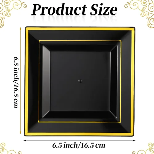 Vista 2 de 200 platos de plástico negro y dorado de 6.5 pulgadas, platos de postre cuadrados desechables para aperitivos, pasteles, ensalada, cubiertos