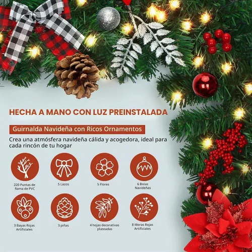 Vista 3 de DOIOWN Guirnalda de Navidad, guirnalda de Navidad preiluminada de 9 pies con luces, 100 luces LED de decoración de Navidad con bayas, lazos, piñas