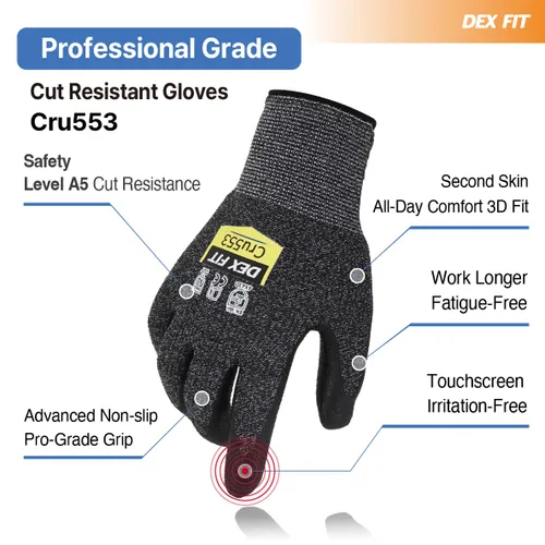 Vista 2 de DEX FIT Guantes Resistentes a Cortes Extremos Nivel 5 Cru553 Delgados, Agarre de Potencia Antideslizante, Ajuste Cómodo 3D de Grado Profesional