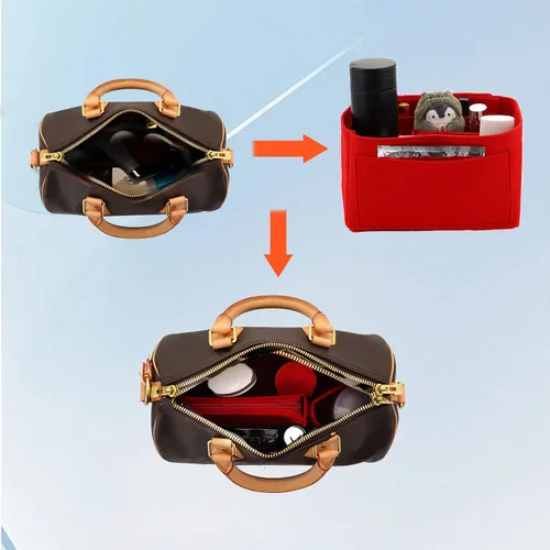 Vista 6 de Organizador de bolsas de fieltro compatible con Speedy, Neverfull, organizador de bolsos de alta calidad con bolsillos con cremallera (M, rojo)
