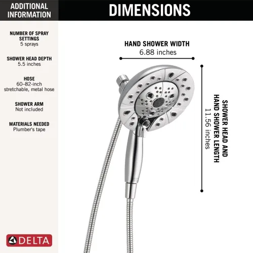 Vista 5 de Cabezal de ducha dual In2ition de 5 pulverizaciones Delta Faucet con rociador de mano, cabezal de ducha cromado H2Okinetic con manguera, cabezales