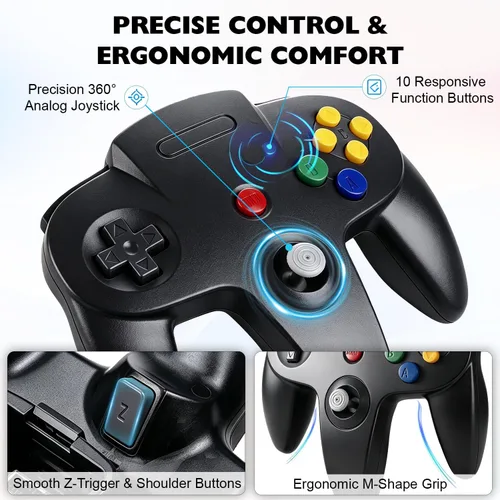 Vista 2 de miadore Controlador clásico N64, Retro N64 64-bit Remote Gamepad Joystick para consola N64 sistema de videojuegos (negro)