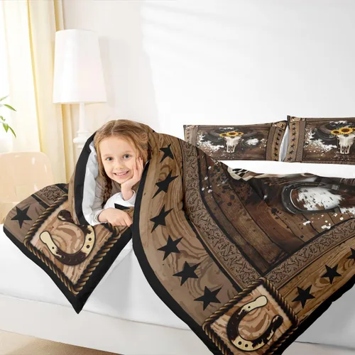 Vista 3 de Juego de edredón de calavera de vaca para niños, tamaño individual, juego de ropa de cama de herraduras de vaquero occidental, Texas Star