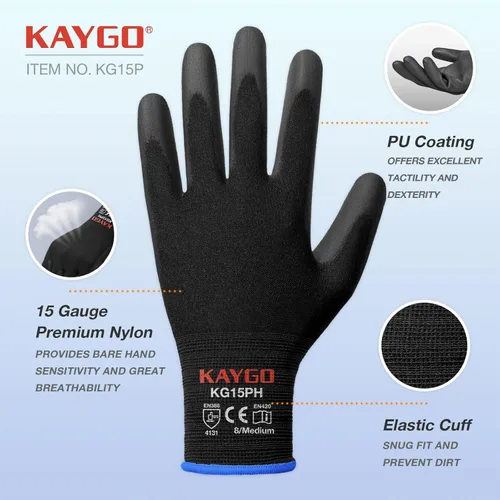 Vista 2 de KAYGO Guantes de trabajo con revestimiento de poliuretano 12 pares, KG15P, forro de nailon con revestimiento de poliuretano flexible, guantes