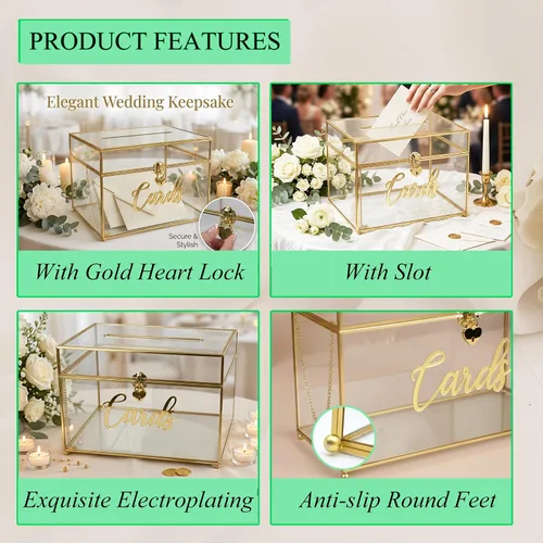 Vista 3 de Caja de tarjetas de boda con cierre de corazón, caja de tarjetas de vidrio de metal grande con marco dorado para recepción de fiestas, bodas, baby