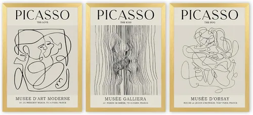 Vista 10 de Picasso - Póster de pared abstracto de líneas femeninas para dormitorio, Picasso The Kiss, The Love, The Hug, juego de decoración de pared, pintura