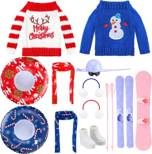 Vista 7 de Hungdao Juego de 9 accesorios para muñecas de Navidad, incluye orejeras, bufanda suave, suéter acogedor, tubo inflable para nieve, accesorio de ropa
