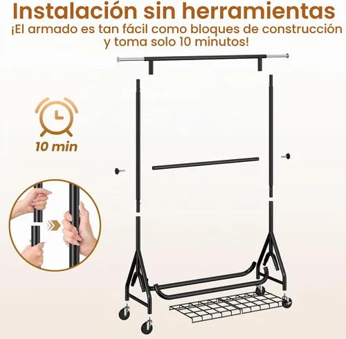 Vista 5 de Perchero de ropa con doble varilla, resistente para colgar ropa con carga de 560 libras, percheros de metal con ruedas, estantes para colgar ropa
