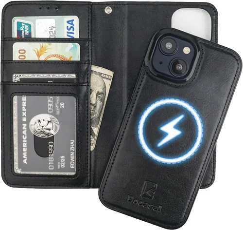 Vista 21 de Bocasal Funda tipo cartera desmontable para iPhone 15 con bloqueo RFID, ranuras para tarjetas, soporte de cuero PU premium, soporte magnético tipo