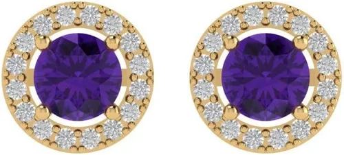 Vista 3 de Aretes de 1,5 quilates con halo de corte redondo y amatista púrpura natural, unisex, diseño solitario con rosca trasera, oro amarillo sólido de 14