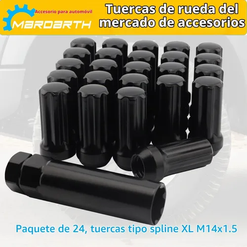 Vista 4 de 24+1 Negro 7 Tuercas Spline Lug M14x1.5 Asiento cónico de extremo cerrado
