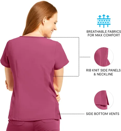 Vista 5 de Olive & Co. Camisas médicas para mujer, color rojo vino, moderno, ajustado, con cuello en V