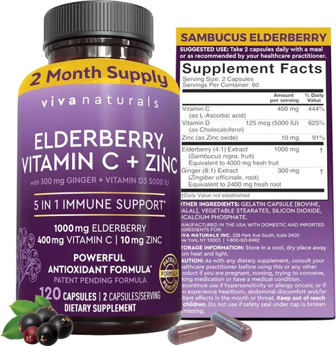 Vista 11 de Viva Naturals Baya de saúco negro de 1000 mg con vitamina C, D3 5000 UI y zinc, suplemento de apoyo inmunológico 5 en 1 para adultos, cápsulas
