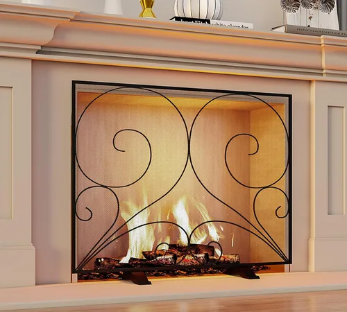 Vista 7 de Fire Beauty Pantalla de chimenea de un solo panel hecha a mano de malla de hierro forjado sólido, protector contra chispas de fuego resistente al