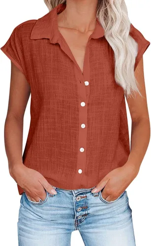 Vista 27 de Ceboyel Camisas para mujer de moda de verano, algodón, lino, manga corta, cuello con botones, blusa casual para mujer 2023