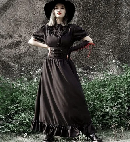 Vista 6 de Scarlet Darkness falda maxi victoriana estilo vintage con cintura alta acampanada