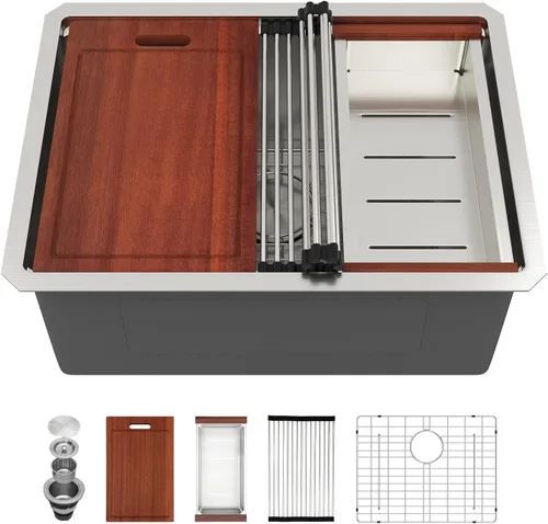 Vista 10 de Sarlai Fregadero de cocina empotrado de 30 pulgadas dorado - Fregadero de cocina de 76,2 cm x 45,7 cm con repisa para estación de trabajo de acero
