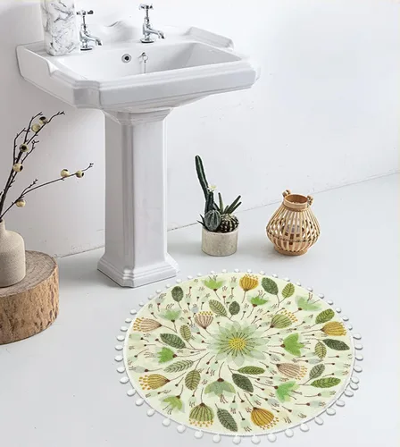 Vista 6 de Uphome Alfombra Redonda Pequeña de 2' Círculo Tapete de Baño Lindo con Pompones Flecos Diseño Floral de Plantas Alfombras de Baño Lavables Suaves