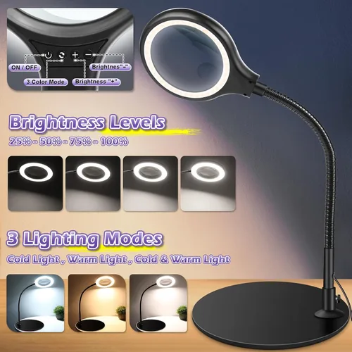 Vista 2 de NZQXJXZ Lupa de escritorio de 10 x 20 veces con luz y soporte, lámpara de aumento con 3 modos de color, luz iluminada para manualidades manos