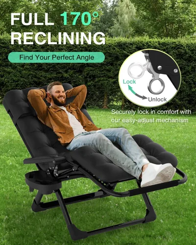 Vista 5 de ZENPETIO Silla de gravedad cero, sillas reclinables de camping con cojín extraíble Negro azabache