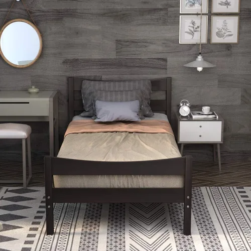 Vista 2 de KOMFOTT Base de cama de madera, tamaño individual, base de cama con cabecero y estribo, soporte de listones, no necesita somier, plataforma de fácil