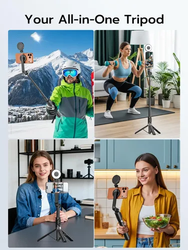 Vista 8 de USKEYVISION Palo de Selfie Magnético con Trípode, Luz y Control Remoto, Trípode para Teléfono con Soporte Magnético para Magsafe, Soporte Giratorio