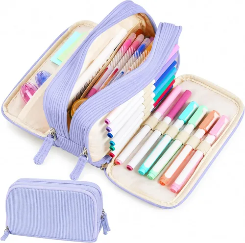 Vista 13 de Sooez Estuche de Lápices de Gran Capacidad con Funda para Bolígrafos, Bolsa de Lápiz de Corduroy Suave con 3 Compartimentos, Múltiples Bolsillos
