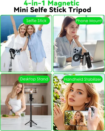 Vista 2 de CloudValley Palo magnético para selfie y mini trípode, estabilizador de mano extensible de rotación de 360°, agarre de cámara con control remoto
