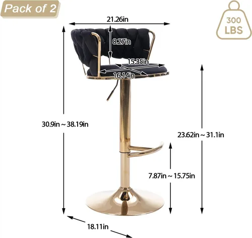 Vista 3 de Juego de 2 taburetes de bar giratorios de terciopelo, taburete de bar ajustable con respaldo tejido, sillas de comedor tapizadas, taburetes de bar