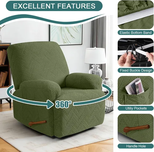 Vista 5 de Ruaozz - Fundas para sillas reclinables, funda elástica suave, color verde Funda reclinable de 1 plaza, fundas lavables para sillas de 3 piezas