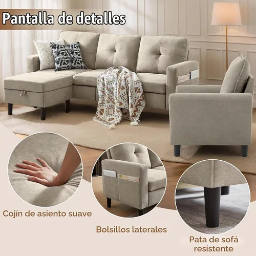 Vista 3 de Juego de sofá seccional de 2 piezas, juego de sofá y silla de 3 asientos con bolsillos laterales y otomana de almacenamiento móvil, moderno juego