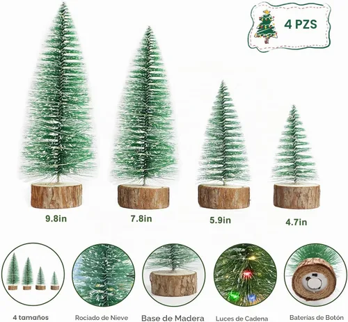 Vista 4 de 4 mini árboles de Navidad con luces, 4 tamaños de árboles de Navidad artificiales Battery Powered Bottle Brush Christmas Trees with 2 Modes Timer
