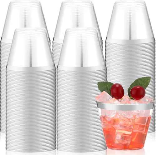Vista 7 de Lounsweer 100 piezas de vasos de plástico con borde de 9 onzas, vasos de cóctel transparentes para boda, vasos de vino desechables resistentes